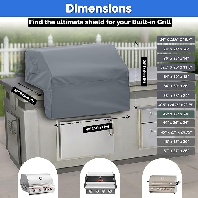 Covers & All Built-in Grill Cover for Outdoor Grill – Heavy Duty 12 oz Waterproof Built-in BBQ Grill Cover, PVC-Coated Polyester with Elastic Hem for Snug Fit (42 x 28 x 24 inches, Grey)