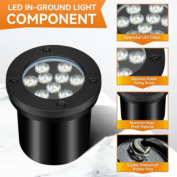 9W LED Low Voltage Landscape Lights, AC/DC 12-24V Outdoor Well Lights IP68 Waterproof 5500K Cool White In-Ground Lights for Yard Pathway Driveway Deck(6 Pack)