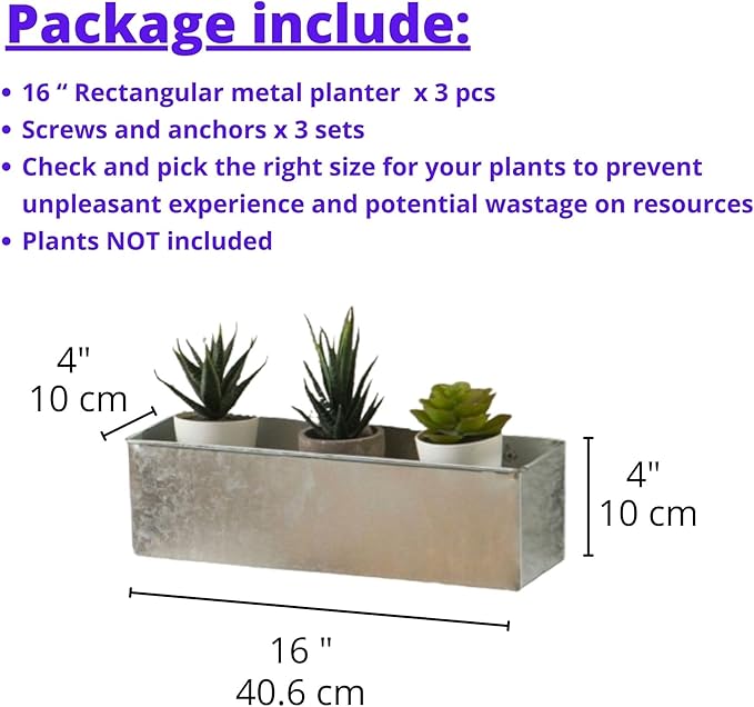 LaLaGreen Wall Planter (3 Pack, 16 Inch) Large Wall Mount Planters for Succulent, Silver Rectangular Metal Hanging Flower Pot, Long Window Sill Plant Box Railings Herb Indoor Rustic Farmhouse Decor
