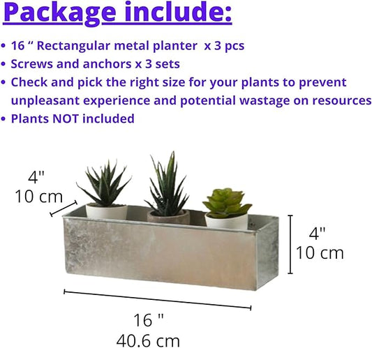 LaLaGreen Wall Planter (3 Pack, 16 Inch) Large Wall Mount Planters for Succulent, Silver Rectangular Metal Hanging Flower Pot, Long Window Sill Plant Box Railings Herb Indoor Rustic Farmhouse Decor