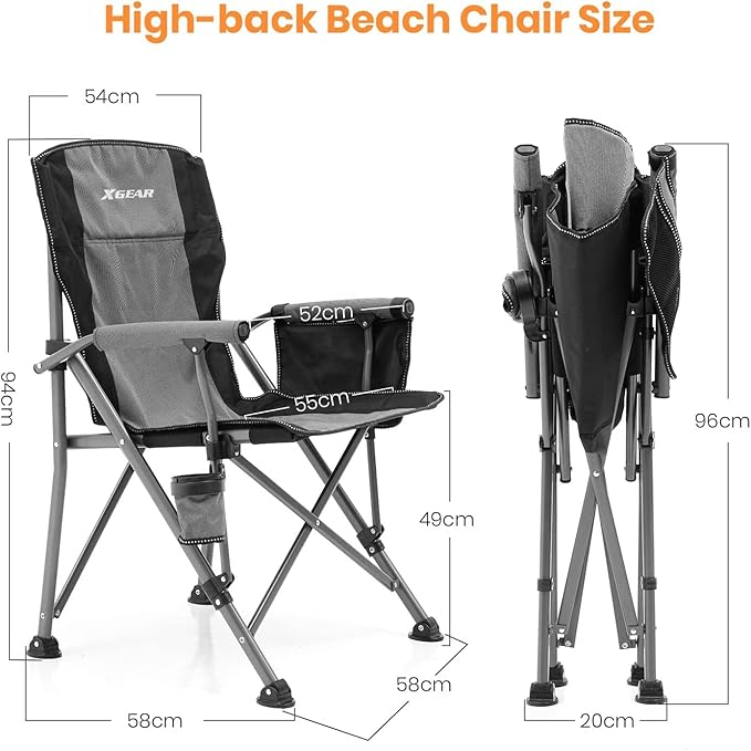 XGEAR Camping Chair with Padded Hard Armrest, Sturdy Folding Camp Chair with Cup Holder, Storage Pockets Carry Bag Included, Support to 400 lbs