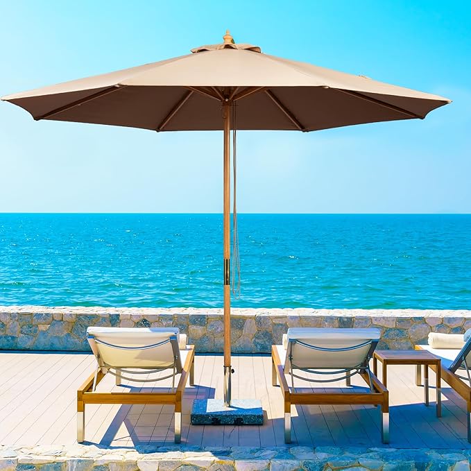 9FT Table Patio Outdoor Umbrella Market Round Umbrella with Pulley Lift Windproof & Waterproof, 8 Ribs with Polyester Cover for Garden, Deck, Pool, lawn, Backyard