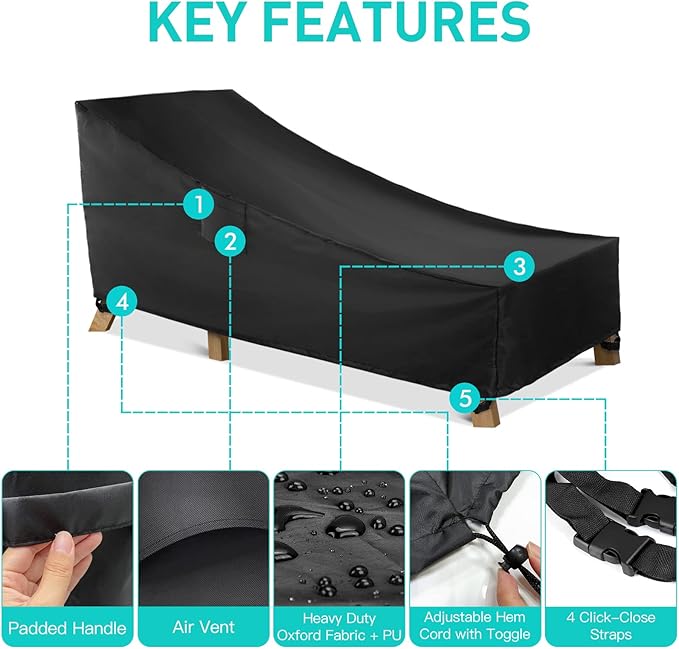 WLEAFJ Patio Chaise Lounge Cover Waterproof, Heavy Duty Outdoor Lounge Chair Covers, Black Durable Patio Furniture Covers, 78L x 34W x 32H inch
