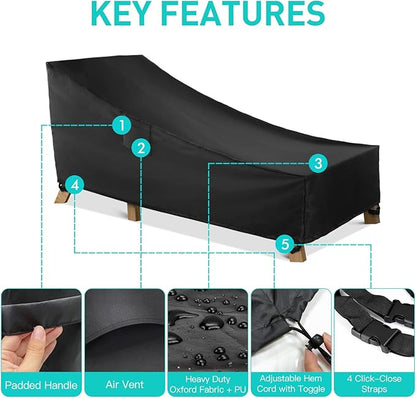 WLEAFJ Patio Chaise Lounge Cover Waterproof, Heavy Duty Outdoor Lounge Chair Covers, Black Durable Patio Furniture Covers, 78L x 34W x 32H inch