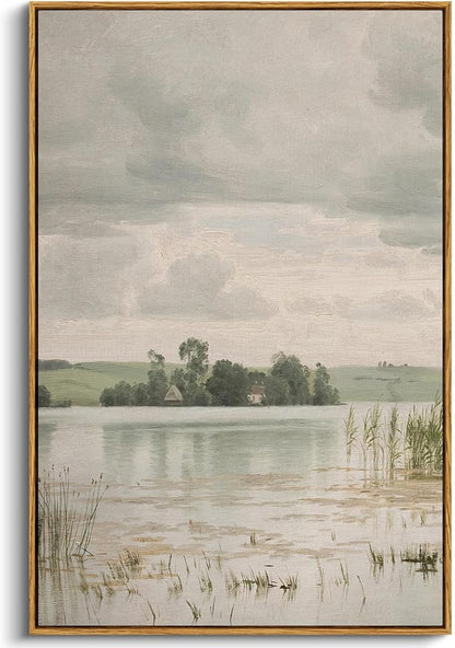 InSimSea Framed Canvas Prints Art Vintage Decor, Countryside Lakeside Landscape Paintings, Large Prints, Retro Hanging Wall Decorations for Bathroom Bedroom Living Room, 24"x36"
