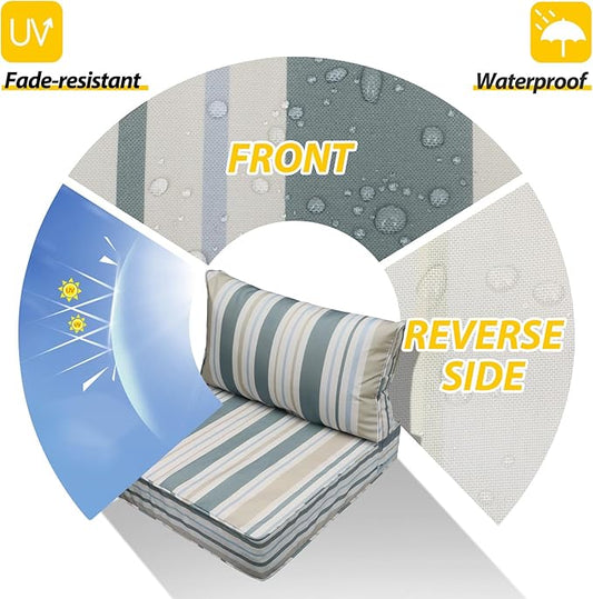 AAAAAcessories Outdoor Seat Cushions for Chairs, Fade-Resistant, Waterproof Patio Furniture Replacement Cushions, 23.5" x 25.5" x 5" + 23.5" x 13.5", Slate Gray Blue Coastal Stripe