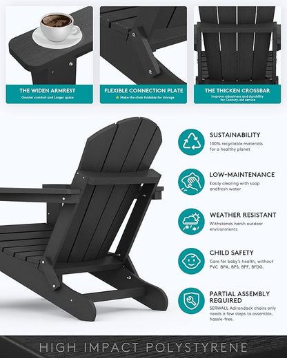 SERWALL Foldable Adirondack Chair Set of 4 for Patio Garden Outdoors Fire Pit-Black