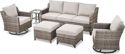 6 Piece Outdoor Patio Wicker Furniture Sets-High Back Outdoor Conversation Set Sectional Sofa with Wicker Swivel Rocker Patio Chairs,Thick Cushions Ottomans for Porch Balcony Patio Deck Grey/Beige