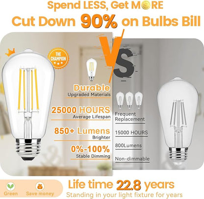 Brightever 20-Pack Edison Light Bulbs 60W Equivalent, Dimmable LED Light Bulbs, 7W, 850LM Vintage E26 LED Bulb 2700K Soft White, 90+CRI, ST58 Clear Glass Antique Decor Filament Bulb for Living Room