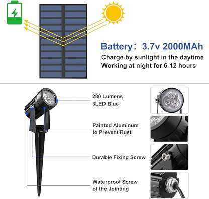 Blue Solar Spot Lights Outdoor,2 Pack Solar Landscape Spotlights IP65 Waterproof 9.8ft Cable, Auto On/Off Outdoor Wall Lights for Garden Yard Driveway Porch Walkway Pool (1-in-1)