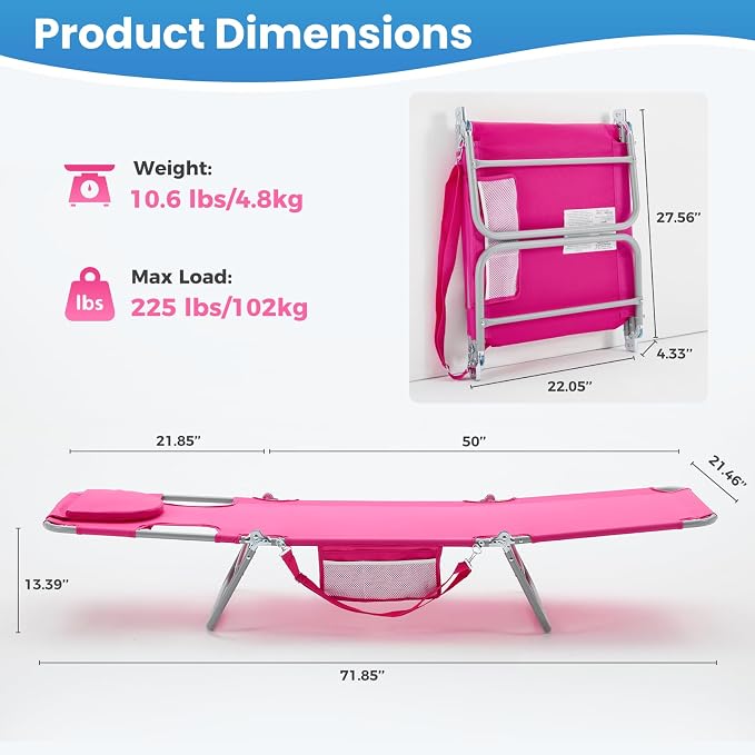 DUMOS Lounge Chair Outdoor, Beach Tanning Chair with Face Hole, Pink | 5-Position Adjustable Sunbathing Tanning Chair, Foldable Portable Chaise Lounge by Pool Patio Lawn Camping Reading, Arm Hole