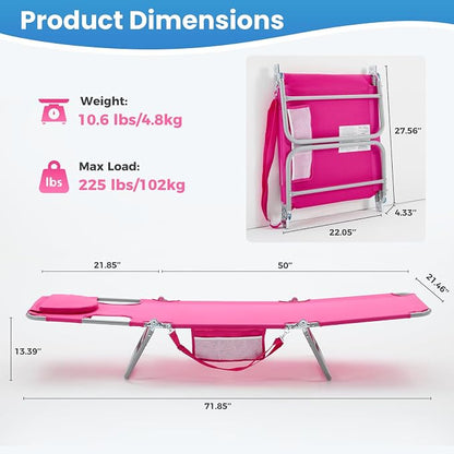 DUMOS Lounge Chair Outdoor, Beach Tanning Chair with Face Hole, Pink | 5-Position Adjustable Sunbathing Tanning Chair, Foldable Portable Chaise Lounge by Pool Patio Lawn Camping Reading, Arm Hole