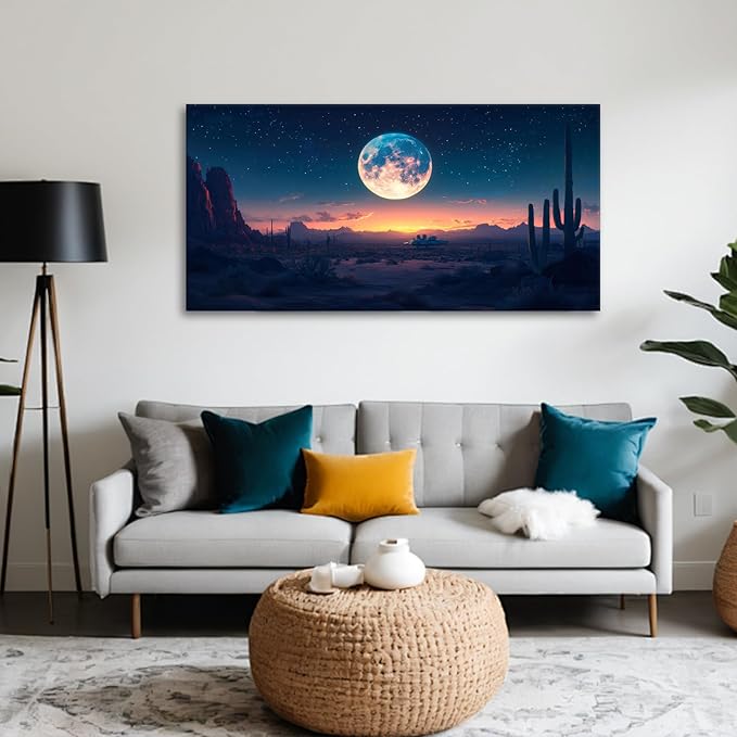 JLXART Moon Desert Night Western Wall Decor Boho Cactus Canvas Prints Nature Paintings Modern Mountain Poster Pictures For Living Room 20X40inch