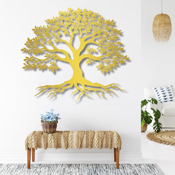 VTHTA Large Tree of Life Metal Wall Art,Tree Wall Sign for Living Room Bedroom Indoor Outdoor Garden Home Decoration (Gold, 19" Wx16 H/47x41cm, Metal Wall Art)