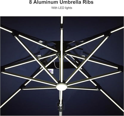 PURPLE LEAF 11 Feet Solar Powered LED Square Cantilever Umbrella With Base Patio Umbrellas Windproof Hanging Umbrella Outdoor Offset Umbrellas, Navy Blue