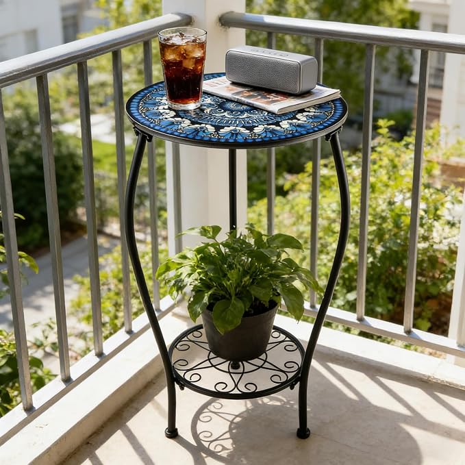 Two-tiered 13 Inch Metal Round Side Table Set of Two Small Black Outside End Table for Patio Round Accent Garden Corner Stand for Small Spaces Weather-resistant Outdoor Coffee Table for Balcony