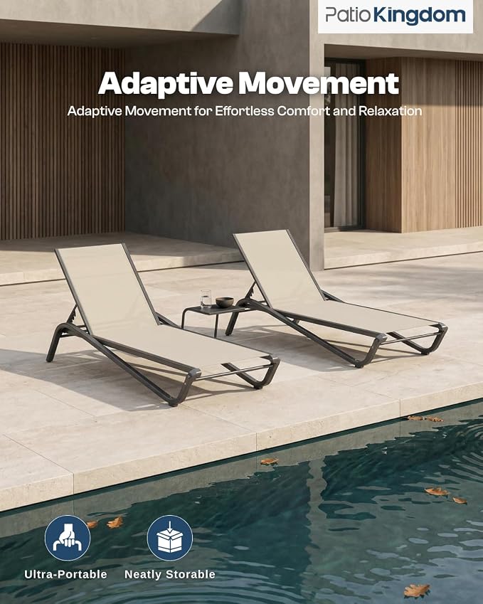 3-Piece Patio Chaise Lounge Set with Side Table, Set of 2 Adjustable Pool Chairs and Aluminum Bistro Table, All-Weather Outdoor Furniture for Pool Deck, Patio & Tanning, Beige