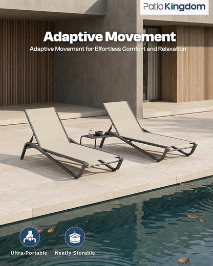 3-Piece Patio Chaise Lounge Set with Side Table, Set of 2 Adjustable Pool Chairs and Aluminum Bistro Table, All-Weather Outdoor Furniture for Pool Deck, Patio & Tanning, Beige