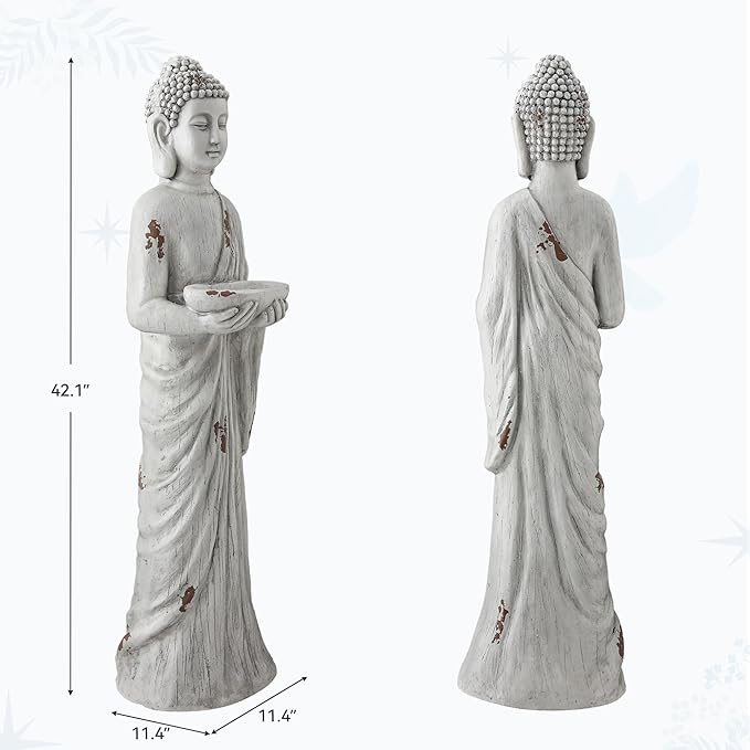 42" Extra-Large Buddha Outdoor Statue with Birdfeeder, Tall Zen Medtative Buddha Figures, Durable Weatherproof MGO Sculpture for Garden, Patio, Yard, Porch or Indoor Home Decor