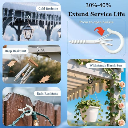 36 Pack White Screw Hooks with Safety Buckle - 2.3 Inch Rustproof Eye Ceiling Hooks for Hanging Plants,Outdoor String Lights,Baskets,Christmas Lights & Decor,40lb Capacity (36, White)