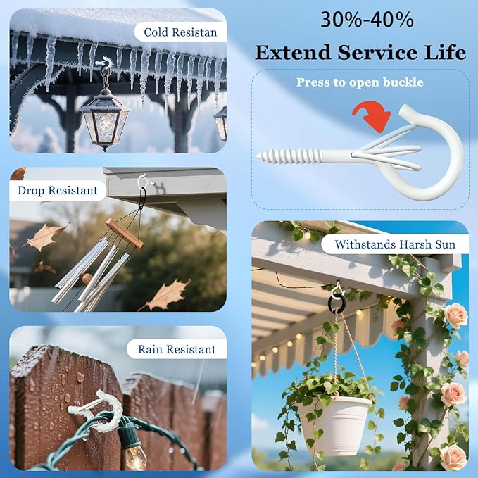 12 Pack Black Screw Hooks with Safety Buckle - 2.3 Inch Rustproof Eye Ceiling Hooks for Hanging Plants,Outdoor String Lights,Baskets,Christmas Lights & Decor,40lb Capacity (12, White)