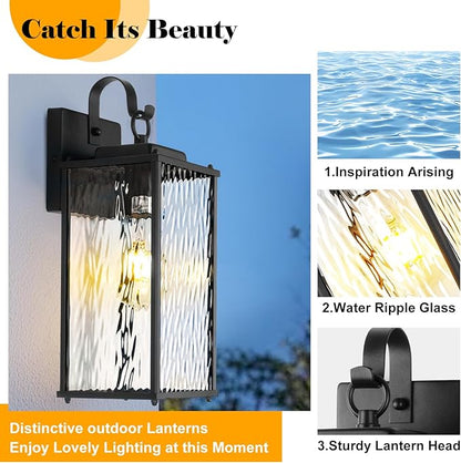 12 Inch Outdoor Wall Sconces with Water Ripple Glass 2-Pack, IP65 Waterproof Matte Black Exterior Light Fixtures Outside Lights for House Front Porch Lanterns Patio Garage Lights, E26
