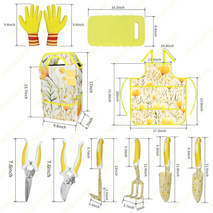 Yellow Garden Tools Set for Women, iHansee 10-Piece Gardening Tool Kit with Handbag, Non-Slip Ergonomic Handles, Gardening Gift for Women, Mom, Garden Lovers