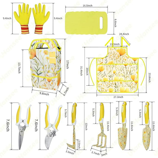 Yellow Garden Tools Set for Women, iHansee 10-Piece Gardening Tool Kit with Handbag, Non-Slip Ergonomic Handles, Gardening Gift for Women, Mom, Garden Lovers
