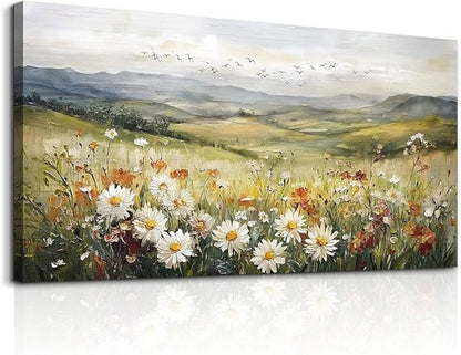 FUHAIHUA Large Framed Wall Decor For Living Room Canvas Wall Art For Office Farmhouse Wall Decorations For Bedroom Prairie Flowers Landscape Paintings Modern Pictures Artwork Home Decor 24" x 48"