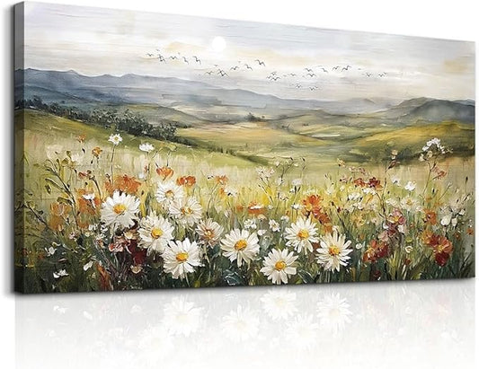 FUHAIHUA Large Framed Wall Decor For Living Room Canvas Wall Art For Office Farmhouse Wall Decorations For Bedroom Prairie Flowers Landscape Paintings Modern Pictures Artwork Home Decor 24" x 48"