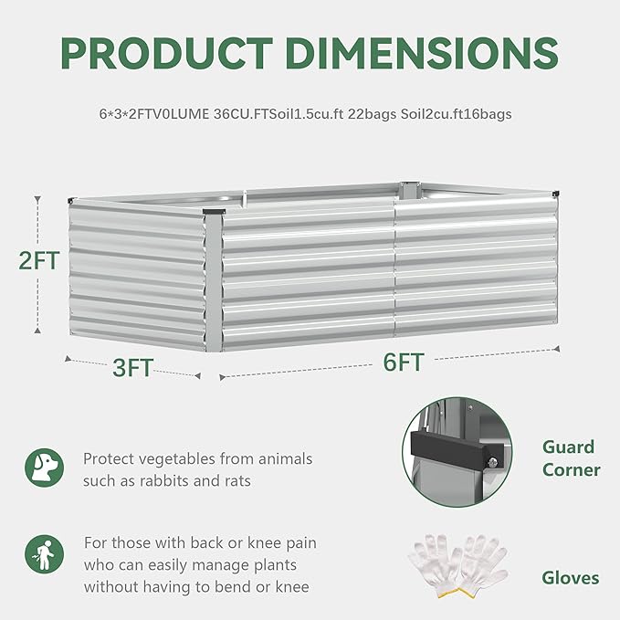 FOOWIN 2pcs 6x3x2ft Galvanized Raised Garden Bed, Planter Raised Garden Boxes Outdoor, Large Metal Raised Beds for Gardening, Garden Bed for Vegetables, Flowers, Herb,269 Gallon Capacity, Silver