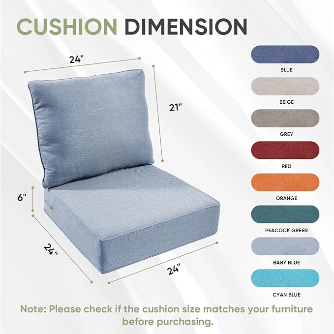 Outdoor Chair Cushions Set of 3, Waterproof 24x24 Patio Chair Cushion, 6" Thickened Seat Cushion for Outdoor Furniture, Couch Cushion Replacement, Include 3 Back & 3 Seat Cushions, Thick/BabyBlue