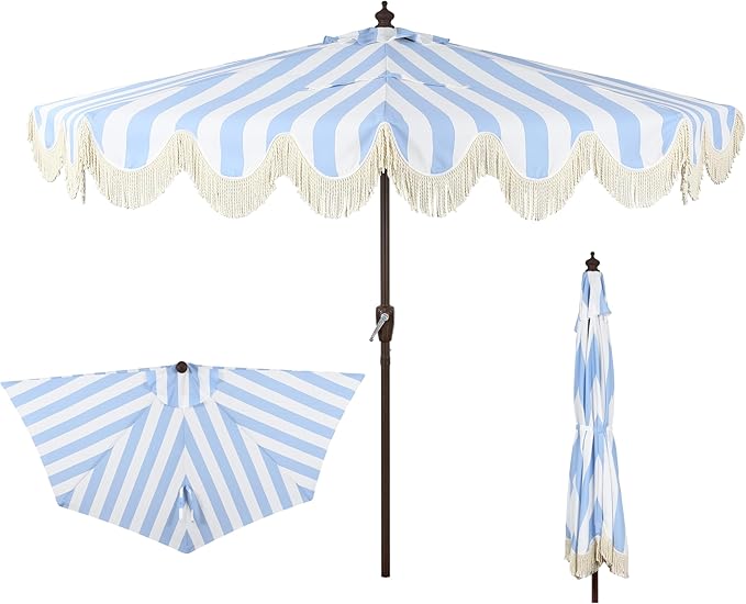 JONATHAN Y Half Umbrella UMB1201C Beverly 9 ft. Designer Classic Scalloped Fringe Market Patio with Crank, Push Button Tilt and UV Protection in Light Blue/White