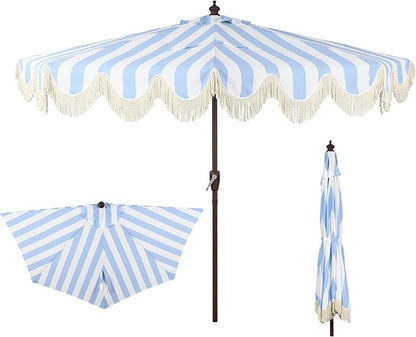 JONATHAN Y Half Umbrella UMB1201C Beverly 9 ft. Designer Classic Scalloped Fringe Market Patio with Crank, Push Button Tilt and UV Protection in Light Blue/White