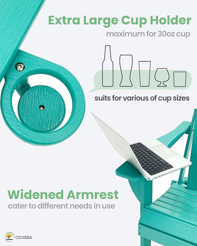 Ciokea Folding Adirondack Chair Wood Texture, Patio Adirondack Chair Weather Resistant, Plastic Fire Pit Chair with Cup Holder, Lawn Chair for Outdoor Porch Garden Backyard Deck (Lake Blue, 2Pack)