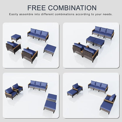 7-Piece Outdoor Patio Furniture Set, Wicker Conversation Set with Armchairs and Ottomans, Rattan Sectional Modular Sofa Couches for Porch, Poolside, Deck, Balcony, Backyard, Yard (Blue Cushions)