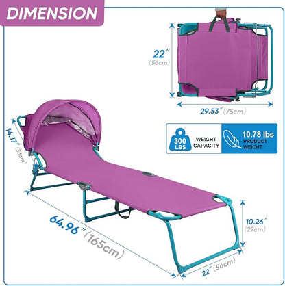 Northroad Beach Lounge Chair with Canopy Shade, Adjustable 4 Position Foldable Tanning Chair, Outdoor Heavy Duty Chaise Lounge Chair, for Poolside Patio Sunbathing Lawn, UPF 50+, Purple