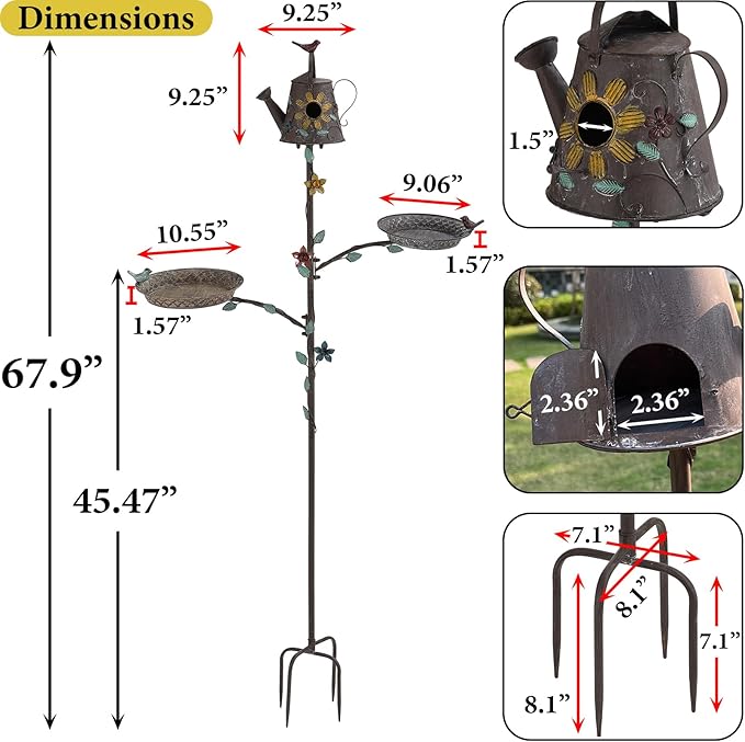 Bird Baths and Bird Houses with Pole, 67.9" H Metal Bird House Stake, Standing Feeder and Bath Combo, Birdhouses for Outdoors, Tall Bird Bath with 4-Prong Stake for Outside Garden Decor