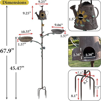 Bird Baths and Bird Houses with Pole, 67.9" H Metal Bird House Stake, Standing Feeder and Bath Combo, Birdhouses for Outdoors, Tall Bird Bath with 4-Prong Stake for Outside Garden Decor