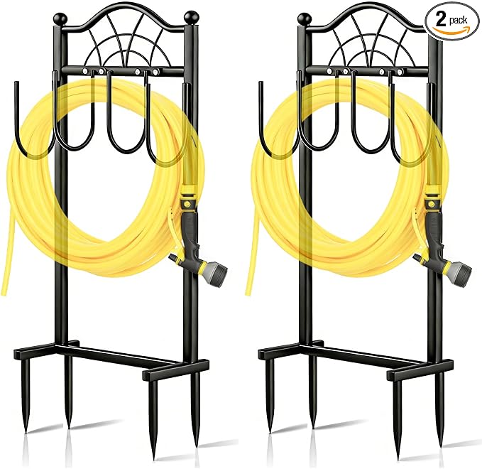 2 Pack Garden Hose Holder,Upgraded Freestanding Hose Holder with 4 Spikes, Heavy Duty Metal Hose Reel,Sturdy Hose Stand Holds up to 100ft Hose for Outside,Yard & Lawn Garden,Black