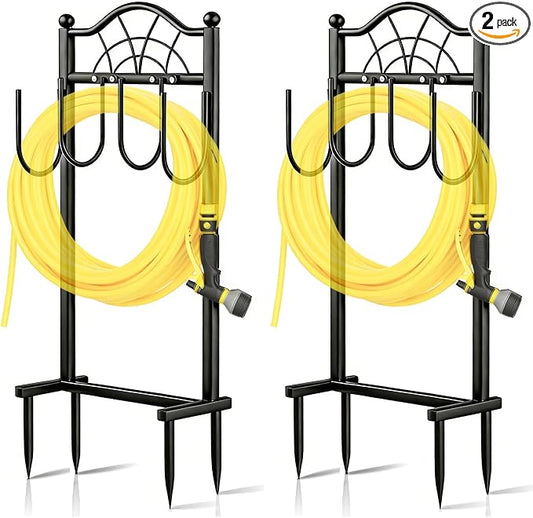 2 Pack Garden Hose Holder,Upgraded Freestanding Hose Holder with 4 Spikes, Heavy Duty Metal Hose Reel,Sturdy Hose Stand Holds up to 100ft Hose for Outside,Yard & Lawn Garden,Black