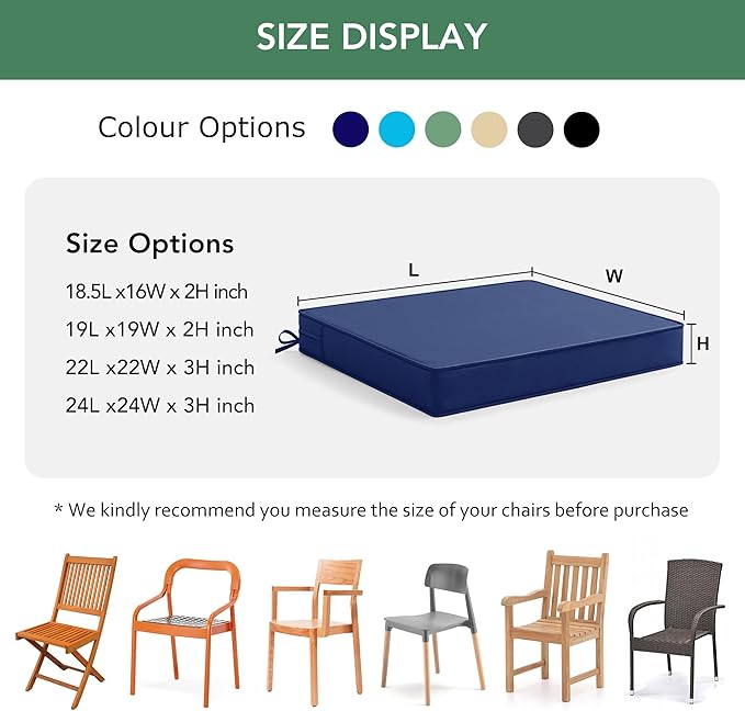 Summsun Outdoor Chair Cushions Set of 6: Waterproof & Fade Resistant Seat Cushion for Patio Furniture - 19 x 19 x 2 Inch Chair Pads with Ties and Hidden Zipper - Patio Chair Cushion Replacement, Navy