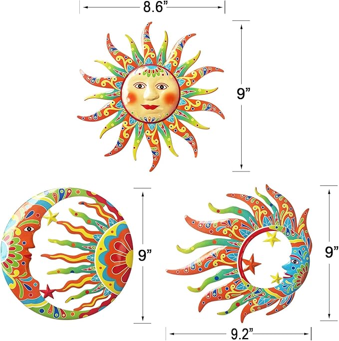 VividLadybug Metal Sun Moon Wall Art Decor,set of 3,Vivid Sun Moon Metal Wall Decor,Colorful Sun Face Sculptures, Indoor Outdoor Wall Decor Fence Garden Courtyard Decoration,wall art decor,hanging decor