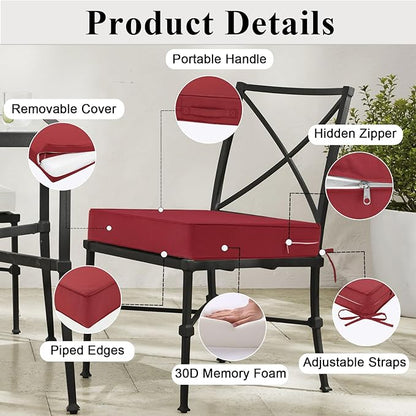 Outdoor Chair Cushions 24x24x4 Inch, Waterproof Red Patio Furniture Cushions Set of 2 with Ties & Handle, 3 Year Color Fastness Square Replacement Seat Cushions for Sofa, Couch