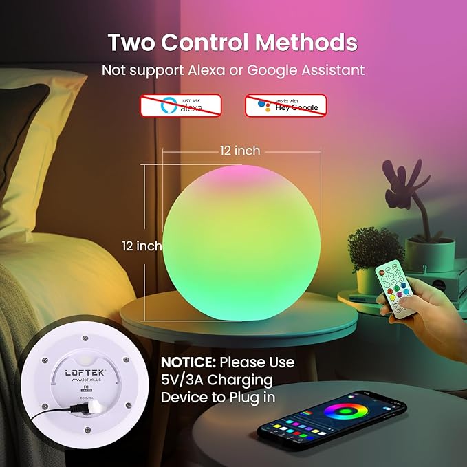 LOFTEK Color Changing Night Light, Smart LED Lamp with Bluetooth APP and Remote Control, 220 Scene Modes, 12-inch RGB Ball Mood Lighting for Living Room (Corded Electric)