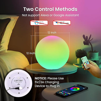 LOFTEK Color Changing Night Light, Smart LED Lamp with Bluetooth APP and Remote Control, 220 Scene Modes, 12-inch RGB Ball Mood Lighting for Living Room (Corded Electric)