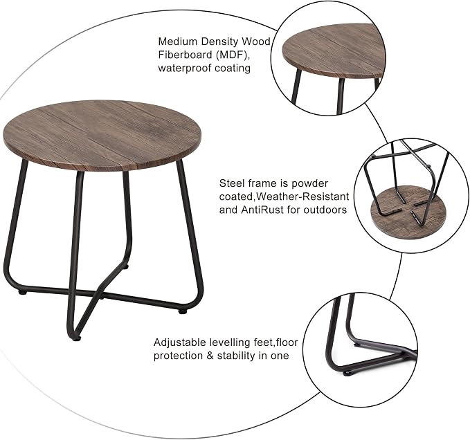 VECELO 17.7 inch Small Round Outdoor Side Table,Patio End Table,Waterproof Wood Table with Weather Resistant Steel Adjustable Feet for Living Room Bedroom Garden Yard Balcony Porch Poolside