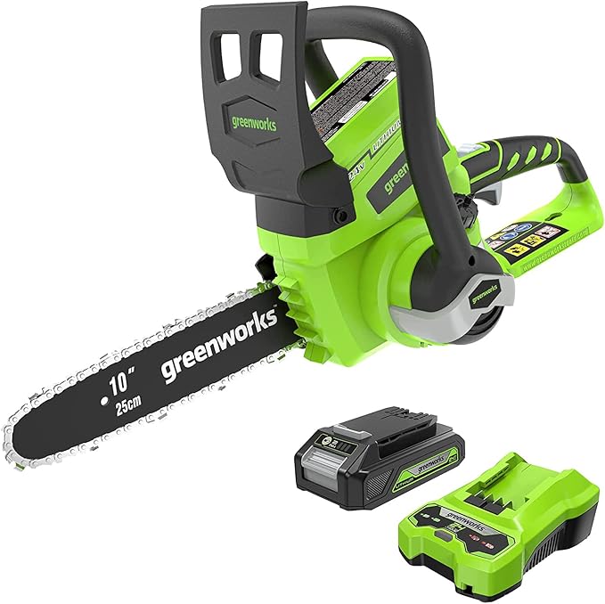 Greenworks 24V 10" Cordless Chainsaw, 2.0Ah Battery and Charger Included