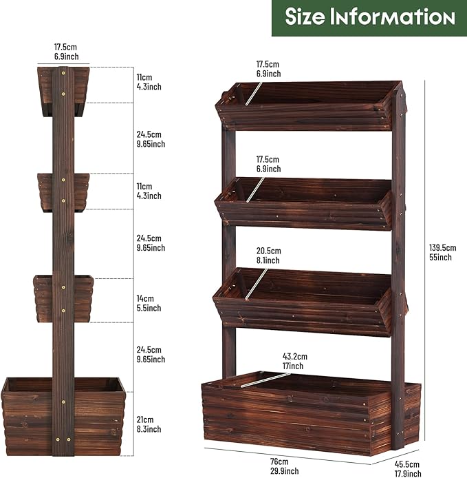 Vertical Wooden Raised Garden Bed, Garden Planters Freestanding Wood Plant Stand Flower Rack Wooden Planter Box for Plants Herbs Flowers Vegetables Outdoor Indoor Gardening (4-Tier Carbonized)