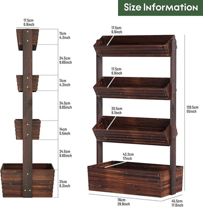 Vertical Wooden Raised Garden Bed, Garden Planters Freestanding Wood Plant Stand Flower Rack Wooden Planter Box for Plants Herbs Flowers Vegetables Outdoor Indoor Gardening (4-Tier Carbonized)